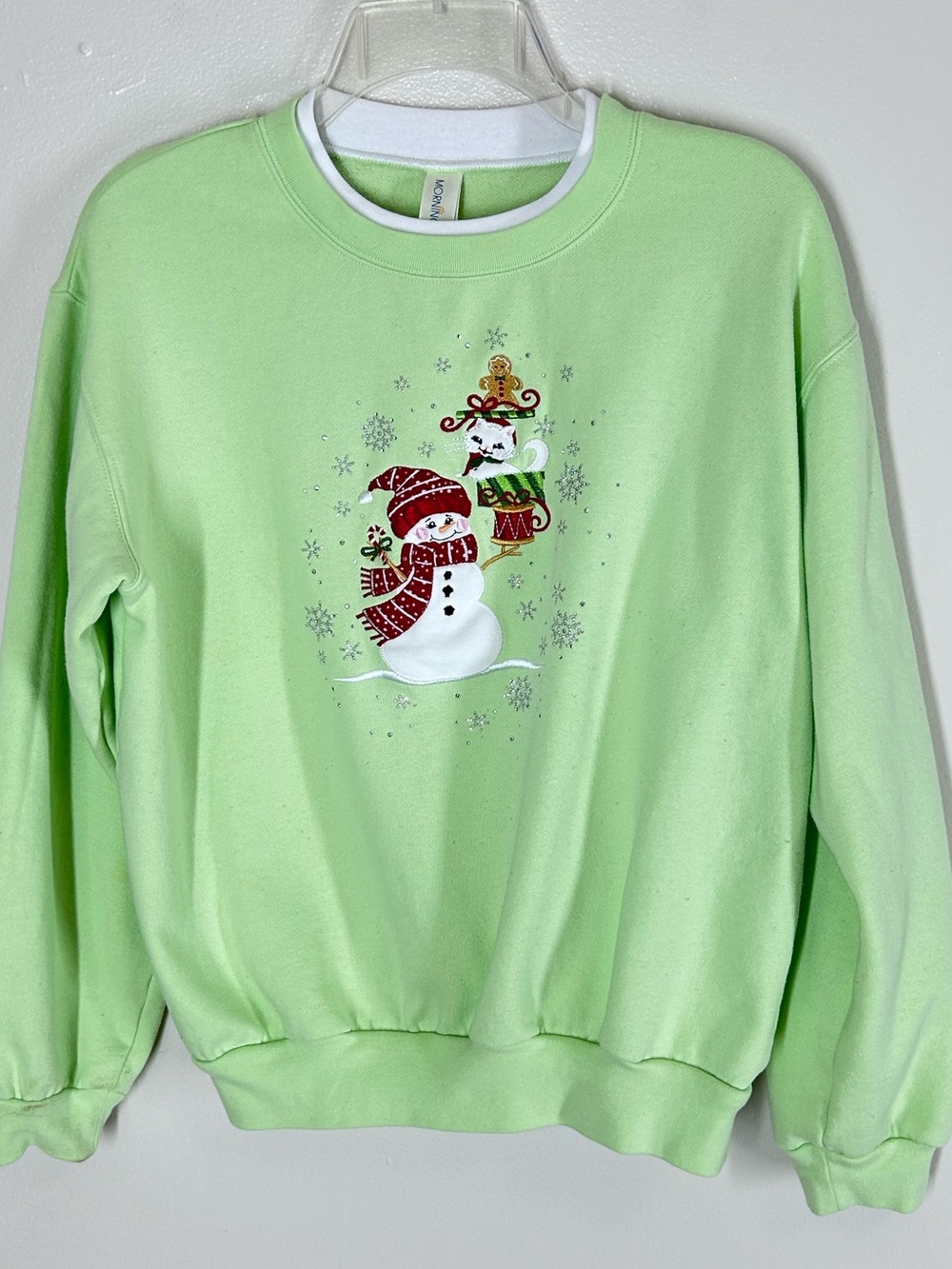 VTG 90s Morning Sun Christmas Embroidered Sweatshirt Snowman & Cat Green Medium